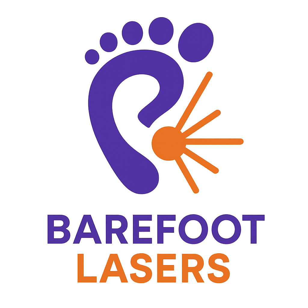 Barefoot Lasers purple foot logo with orange laser beam icon