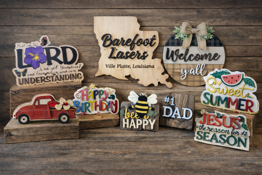 Barefoot Lasers Variety of signs Shelf Sitters wooden laser cut decor by Barefoot Lasers