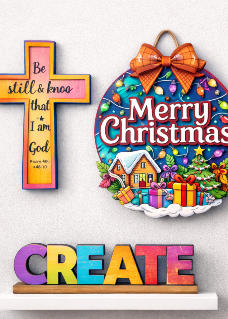 Bold and artsy laser-cut wooden wall decor including Christian cross, seasonal Christmas door hanger, and colorful Create shelf sitter on light grey wall by Barefoot Lasers