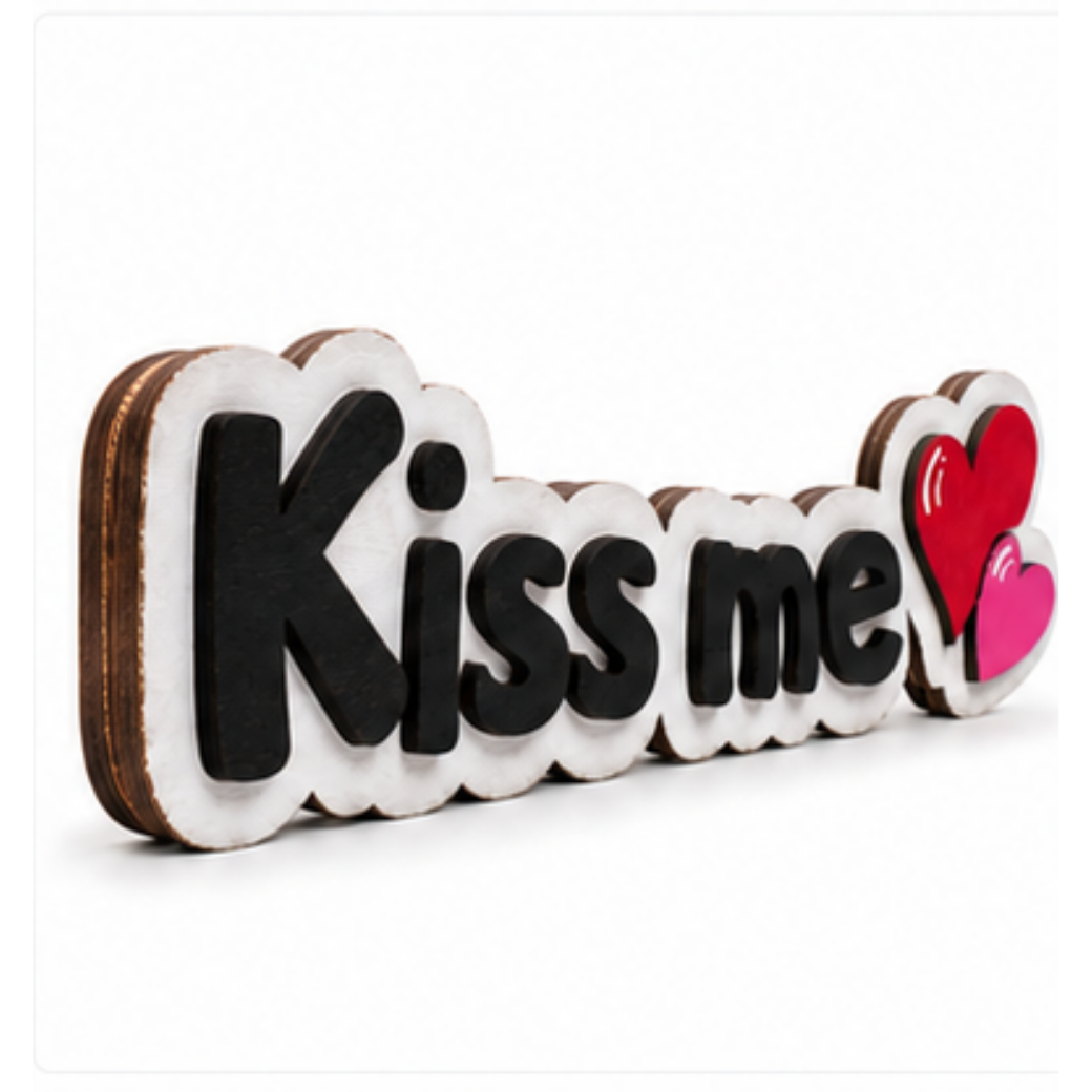 Angled view of the Kiss Me handcrafted wooden shelf sitter showing its layered design and dimensional details.