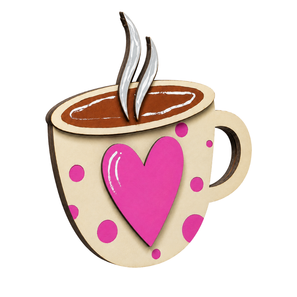 Angled view of the Love in Every Cup wooden coffee cup shelf sitter showing layered construction.