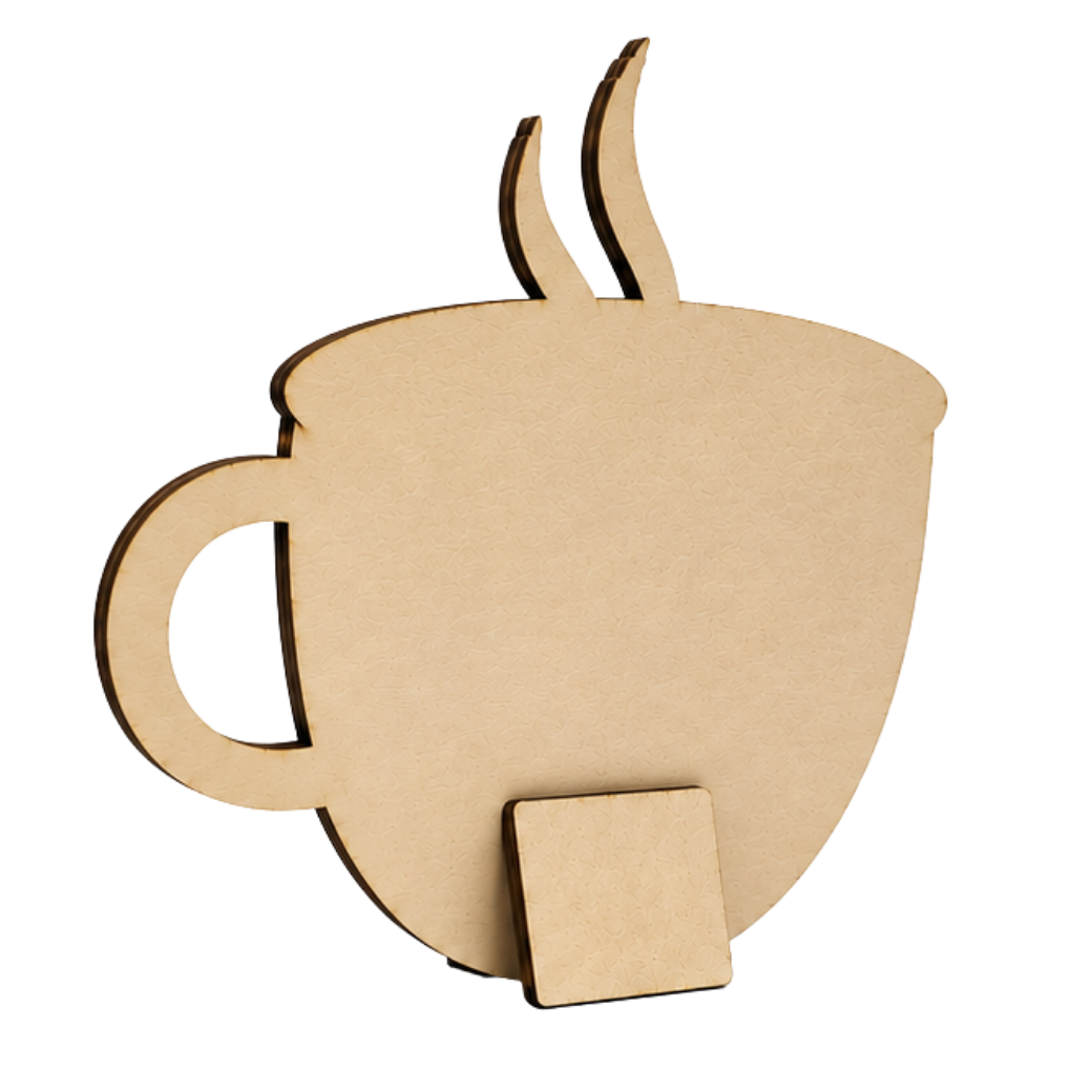 Back view of the Love in Every Cup wooden coffee cup shelf sitter with integrated support stand.