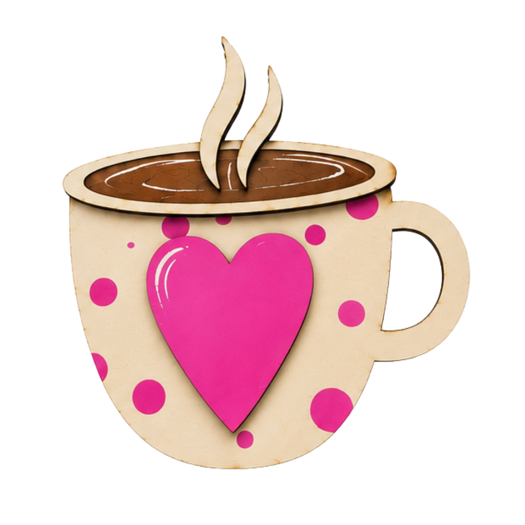 Front view of the Love in Every Cup layered wooden coffee cup shelf sitter with hand-painted pink heart.