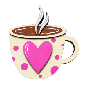 Handcrafted Love in Every Cup wooden coffee cup shelf sitter with pink heart and polka dots.