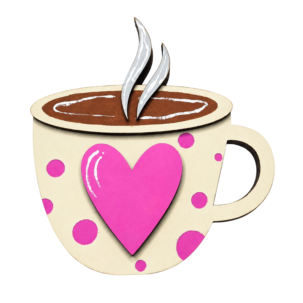 Handcrafted Love in Every Cup wooden coffee cup shelf sitter with pink heart and polka dots.