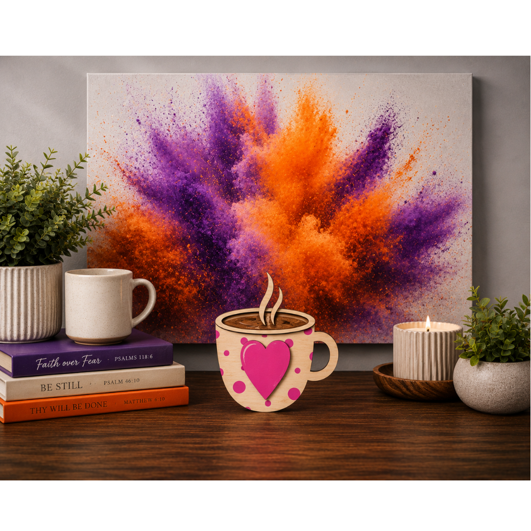 Love in Every Cup wooden coffee cup shelf sitter displayed on a coffee bar with books, plants, candle, and colorful artwork.