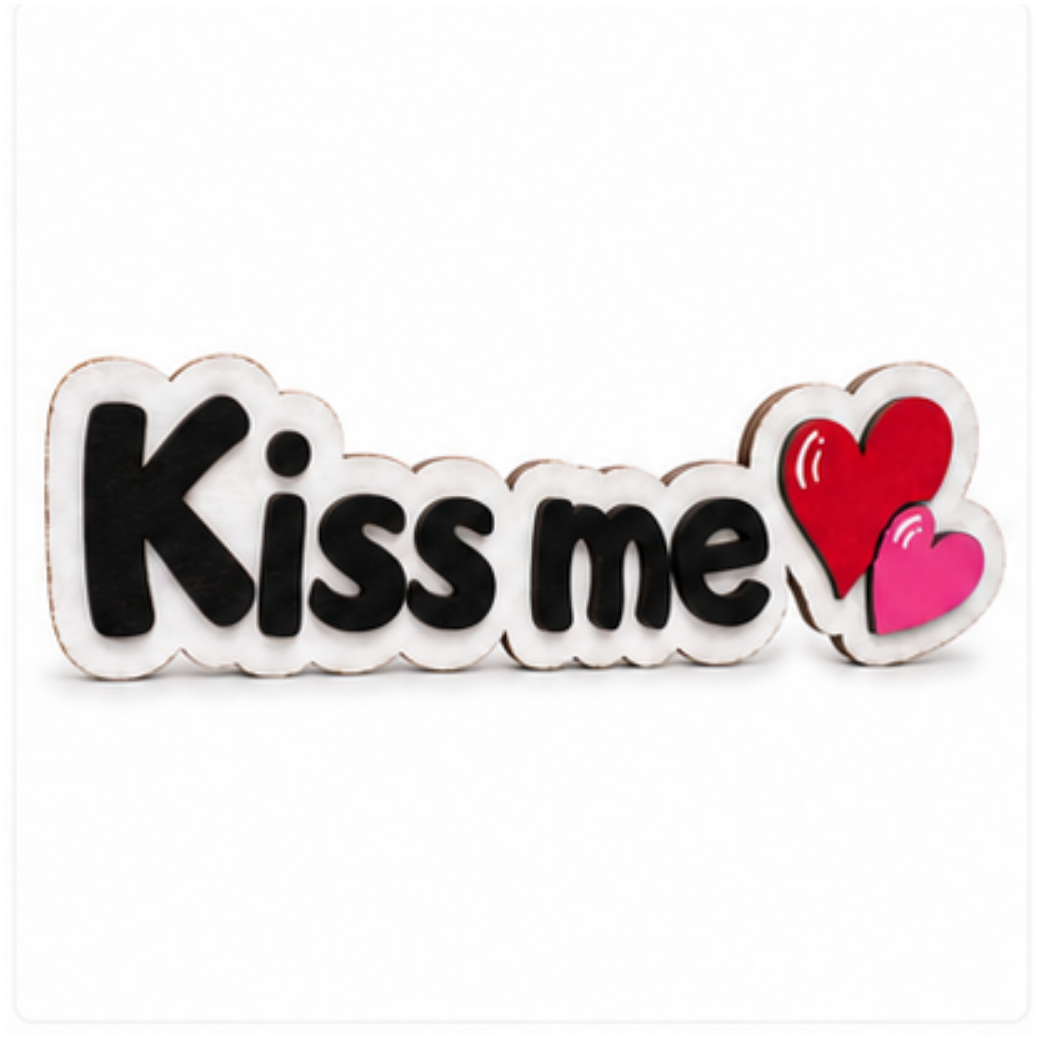 Front view of the Kiss Me layered wood shelf sitter with black lettering and red and pink hearts on a white backer.