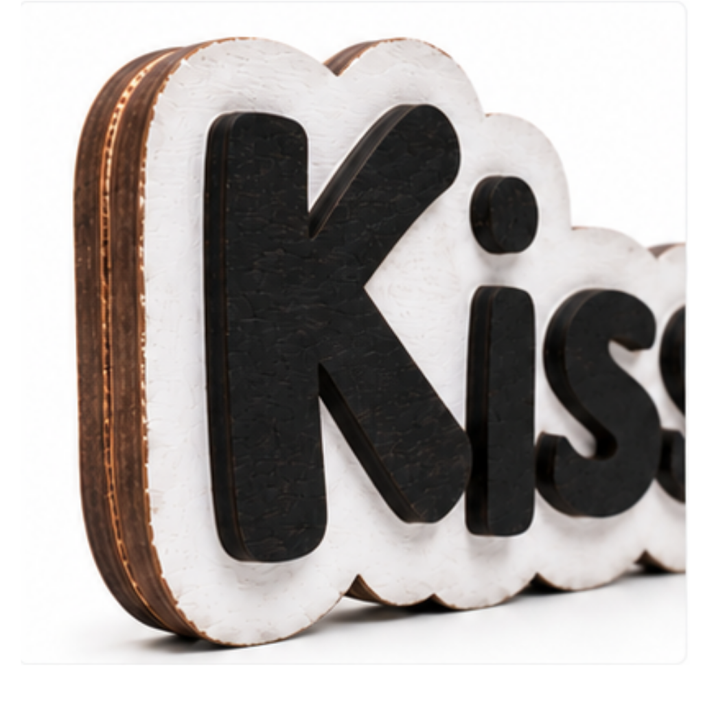 Close-up of the layered black lettering on the Kiss Me wooden shelf sitter highlighting the handcrafted wood texture.