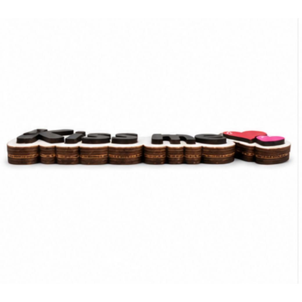 Side profile of the Kiss Me layered wood shelf sitter showing its multi-layer construction and depth.
