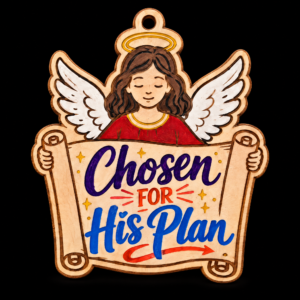 Chosen for His Plan DIY Christmas ornament featuring an angel holding a scroll, hand-painted on layered maple wood.