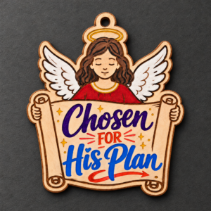 Painted Chosen for His Plan wooden angel Christmas ornament with colorful details on a charcoal background.