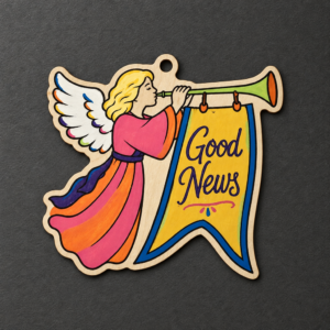 Painted Good News for All People wooden angel Christmas ornament with colorful details on a charcoal background.