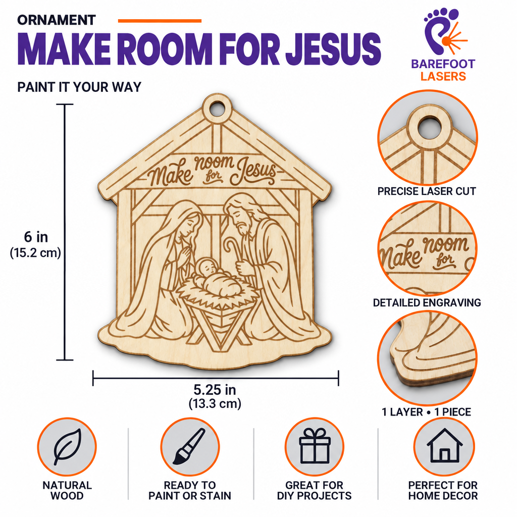 Make Room for Jesus wooden Christmas ornament size guide with measurements and close-up views of the design.