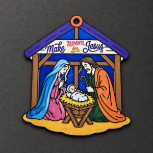 Painted Make Room for Jesus wooden nativity stable Christmas ornament with colorful details on a charcoal background.