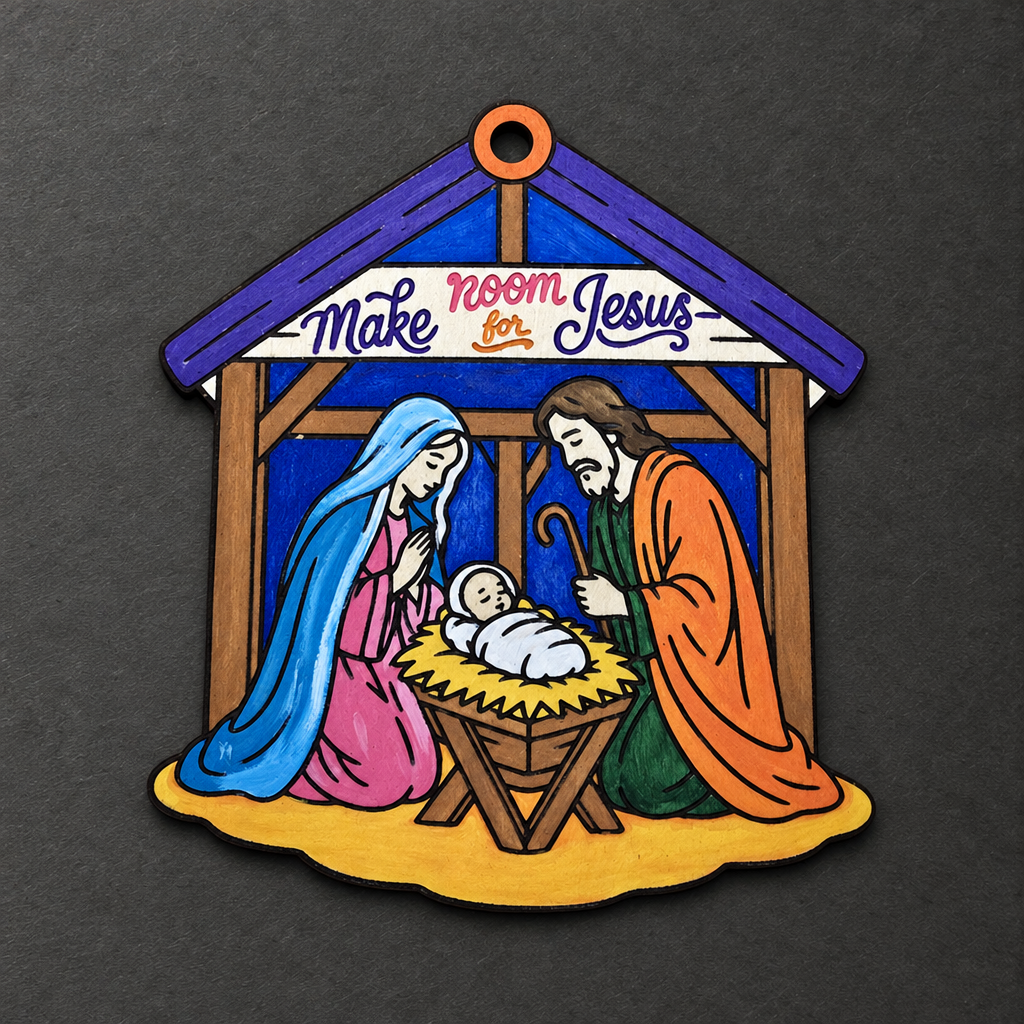 Painted Make Room for Jesus wooden nativity stable Christmas ornament with colorful details on a charcoal background.