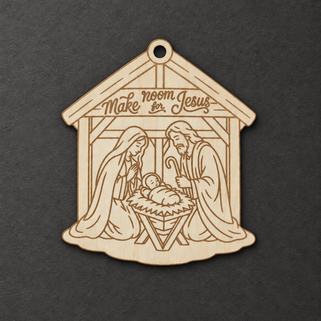 Unpainted Make Room for Jesus wooden nativity stable Christmas ornament with engraved details on a charcoal background.