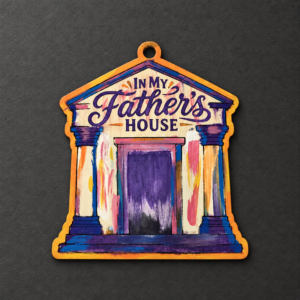 Painted In My Father’s House wooden temple Christmas ornament with colorful details on a charcoal background.