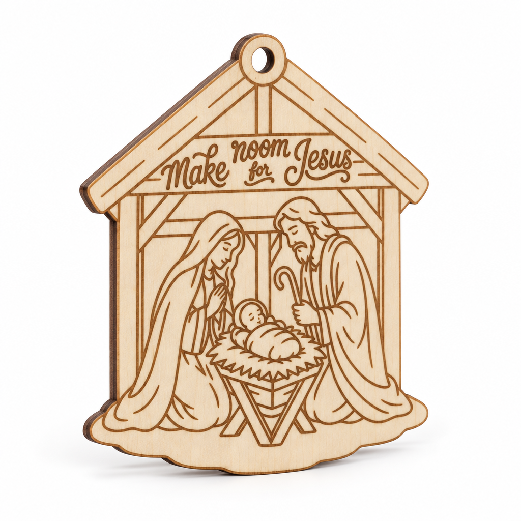 Angled view of the unpainted Make Room for Jesus wooden nativity stable Christmas ornament.