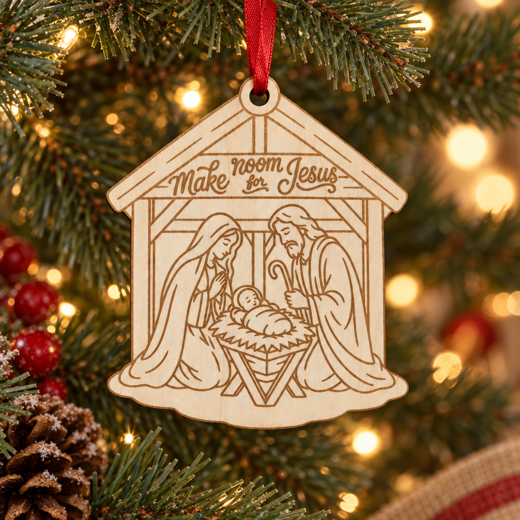 Unpainted Make Room for Jesus wooden nativity stable ornament hanging on a Christmas tree with warm lights.